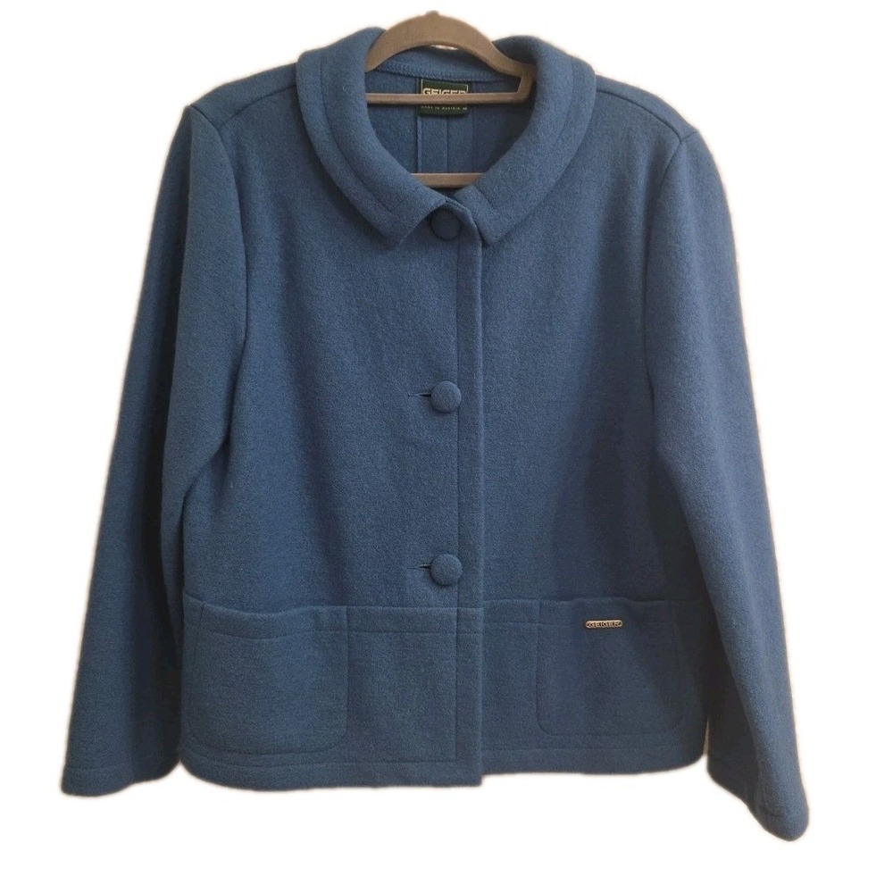 Geiger Of Austria Women 100% Boiled Wool Blue Blazer Jacket Size Lg 42 EXCELLENT